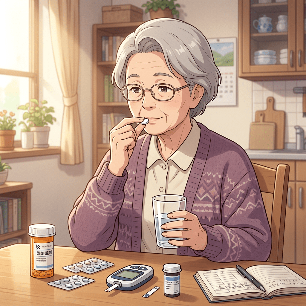 Elderly woman holding a pill and glass of water at a table with diabetes medication and glucose meter