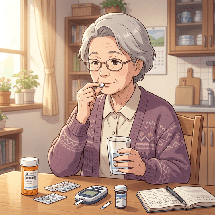 Elderly woman holding a pill and glass of water at a table with diabetes medication and glucose meter