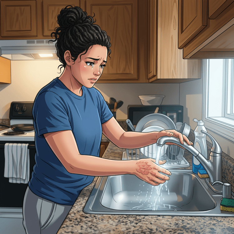 Woman at kitchen sink washing hands with an expression of discomfort