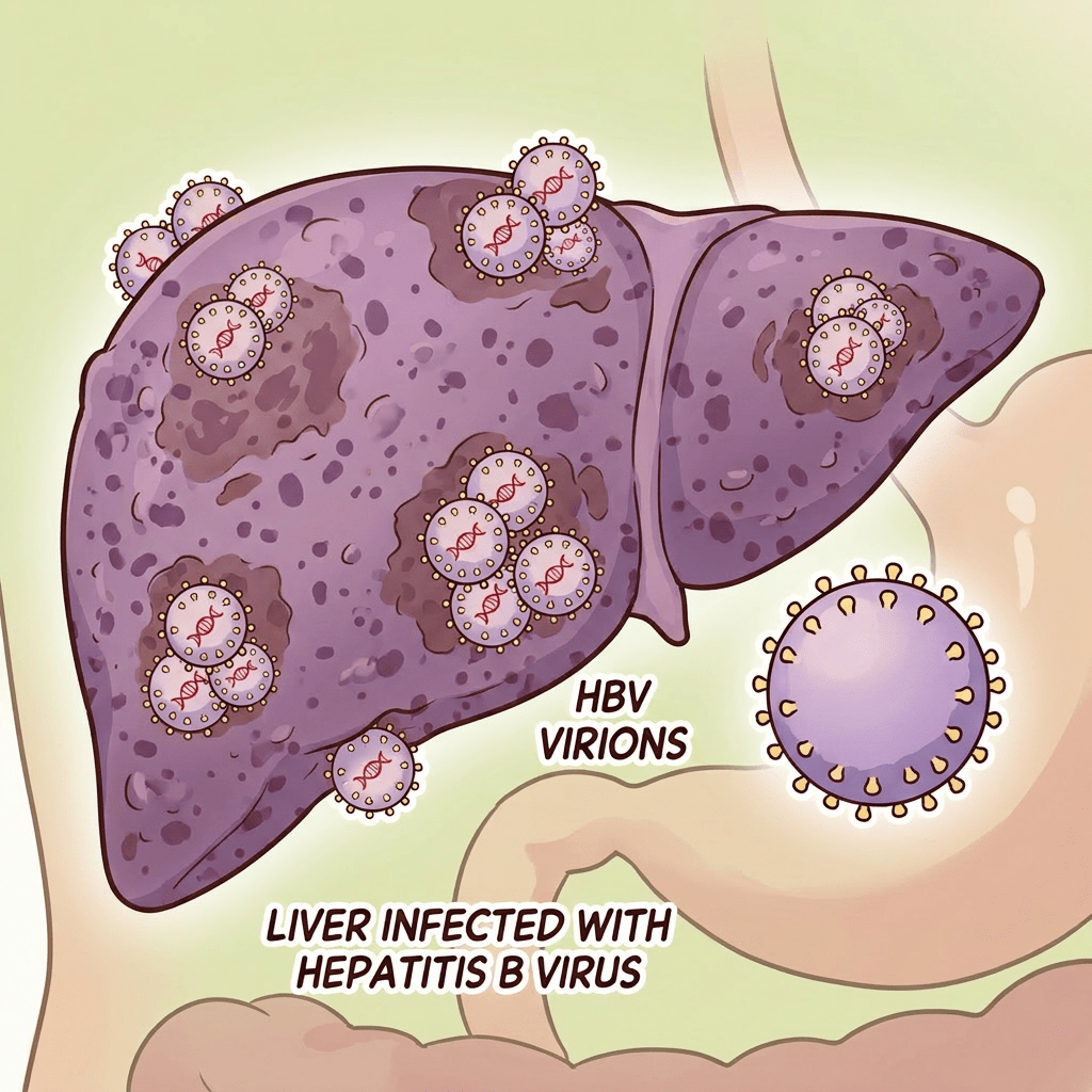 A liver with multiple hepatitis B virus particles attached to and infecting it, labeled 'HBV virions' and 'Liver infected with hepatitis B virus'